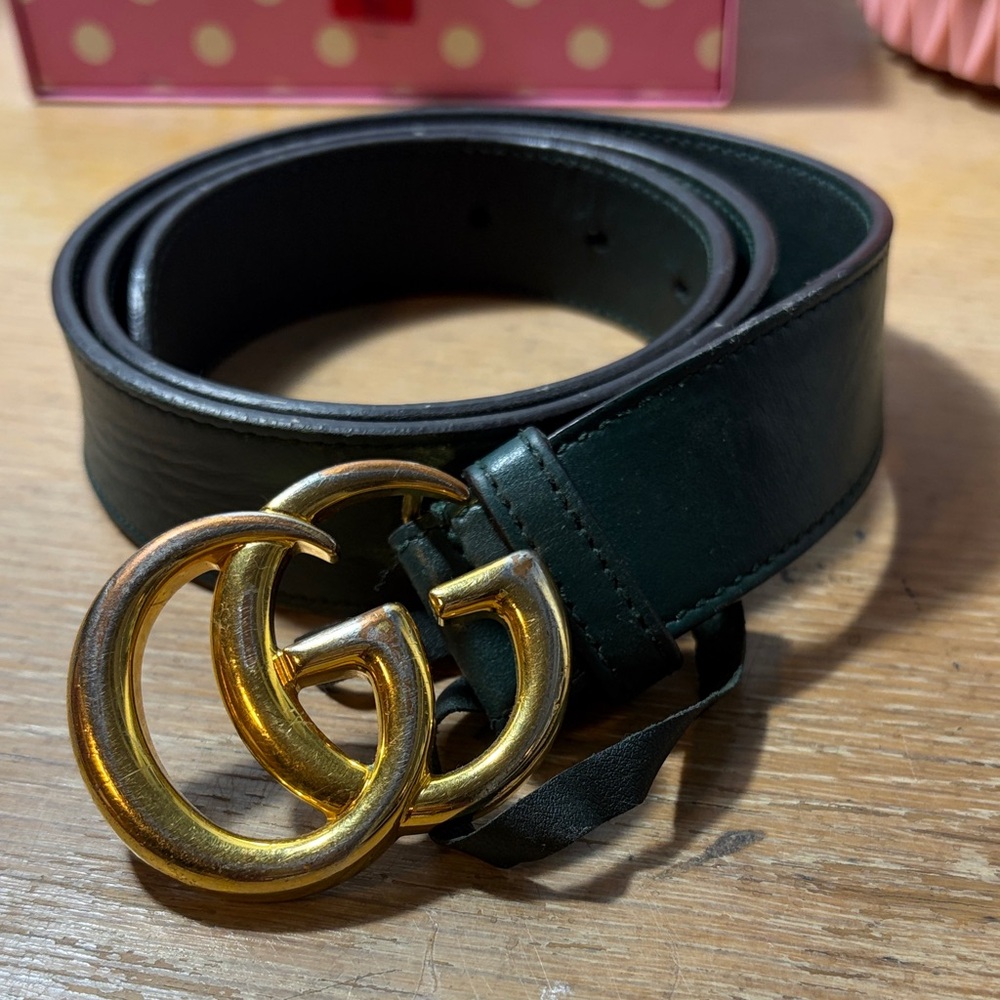 Gucci Dark Green Leather Belt with Gold GG Buckle